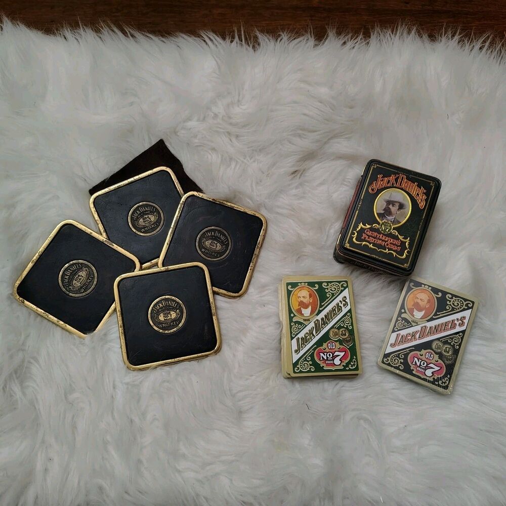 VTG Leather Weighted Jack Daniels Coasters 4ct & VTG No.7 Playing Cards W Tin